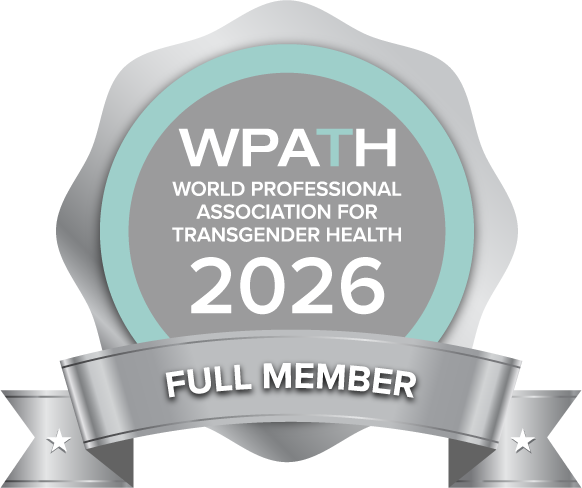 A silver badge displaying "WPATH World Professional Association for Transgender Health 2026 Full Member" with a ribbon at the bottom.